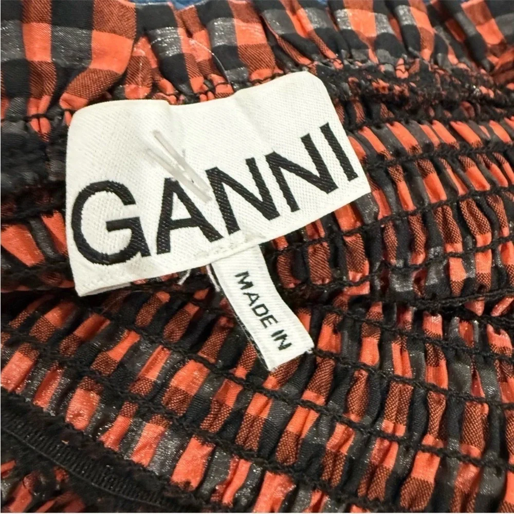 Ganni Dress Seersucker Midi Smocked in Flame Check Red